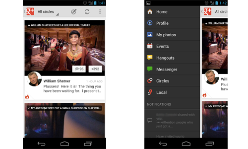 Google+ slide out menu screenshot